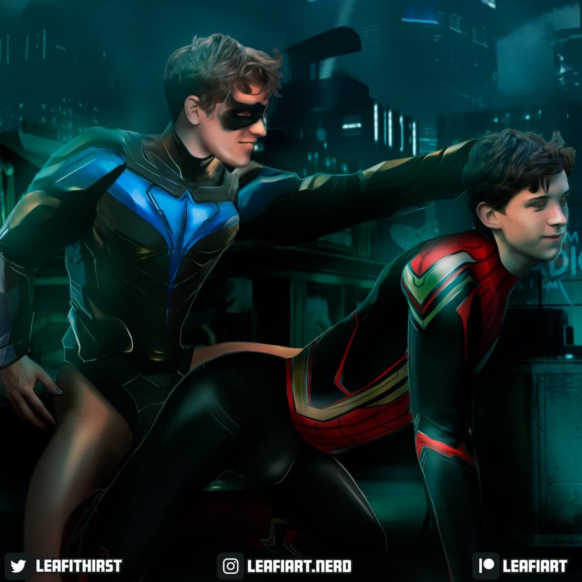 2boys actor bent_over brenton_thwaites bulge celebrity clothed crossover dc dc_comics dick_grayson from_behind gay head_grab human human_only implied_penetration in_character leafithirst light-skinned_male light_skin male male_only marvel marvel_cinematic_universe masked muscular muscular_male nightwing on_all_fours peter_parker pleasure_face spider-man spider-man_(series) spider-man_(tom_holland) superhero titans tom_holland yaoi