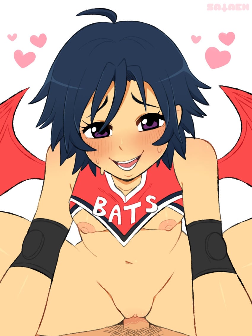 1boy 1girls ahoge bat_wings blue_hair breasts cheerleader clothes_lift cowgirl_position crossed_bangs dark_blue_hair eyelashes eyeshield_21 female heart highres looking_at_viewer looking_down male nipples penis pixie_cut purple_eyes pussy sataenart short_hair signature small_breasts straddling straight_hair sweat tagme taki_suzuna vaginal_penetration white_background wings