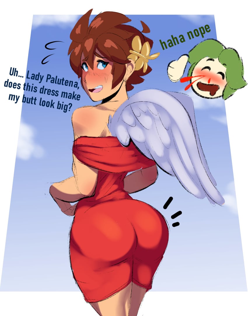 1boy 1boy1girl 1girls ass big_ass big_butt blue_eyes blush blush_lines brown_hair butt crossdressing dress embarrassed fat_ass fat_ass_femboy fat_butt female femboy green_hair huge_ass huge_butt kid_icarus looking_back male male_focus nintendo nosebleed palutena pit pit_(kid_icarus) smutstrut text thick_ass thick_butt thumbs_up wings