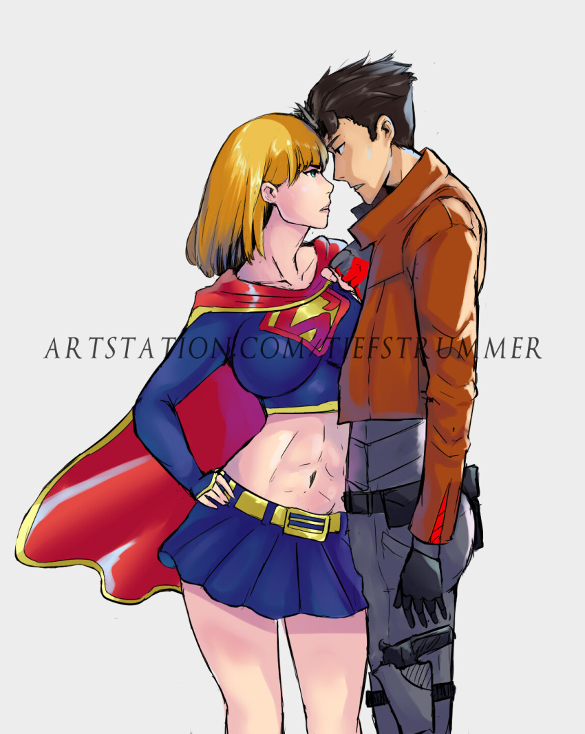 1boy 1girls bare_midriff batman_(series) blonde_female blonde_hair blue_eyes breast_press breast_press_on_chest busty cape dc dc_comics eye_contact face-to-face female foreheads_touching fully_clothed grabbing_clothing in_your_face jason_todd kara_danvers kara_zor-el male miniskirt personal_space_invasion pulling_clothing red_hood_(dc) sexual_tension short_skirt straight supergirl supergirl_(series)