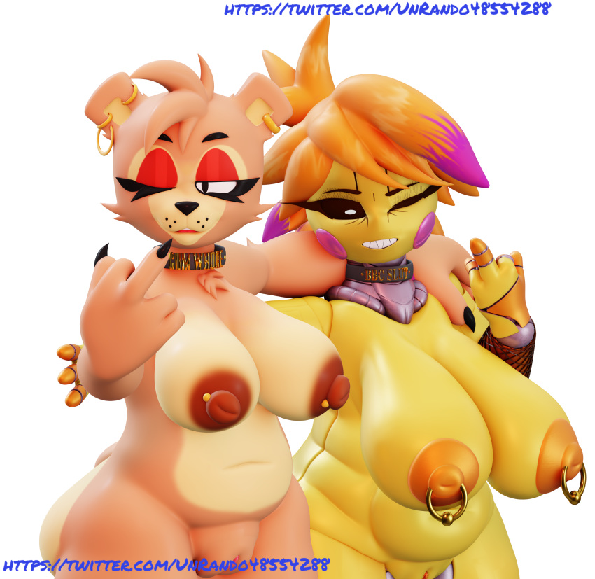 blinking brown_nipples chica_(fnaf) choker collar ear_piercing earrings five_nights_at_freddy's fnaf freddy_(fnaf) fur furry nipple_piercing nipples playtime_frebby