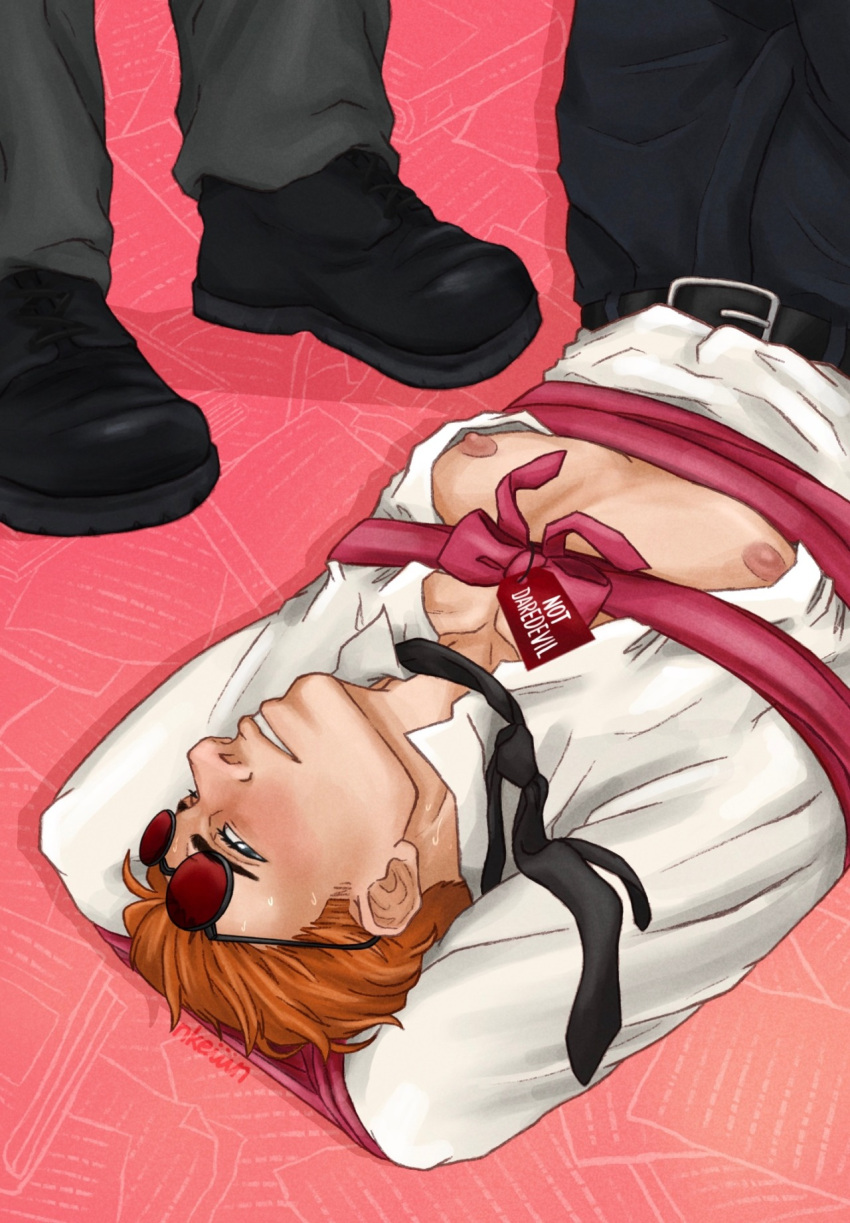 arms_behind_head arms_tied bondage daredevil faceless_character faceless_male gay ginger_hair lying_on_back male male_focus male_only marvel matt_murdock nkeiiin open_shirt ribbon solo_male suit_and_tie sunglasses tied_up yaoi