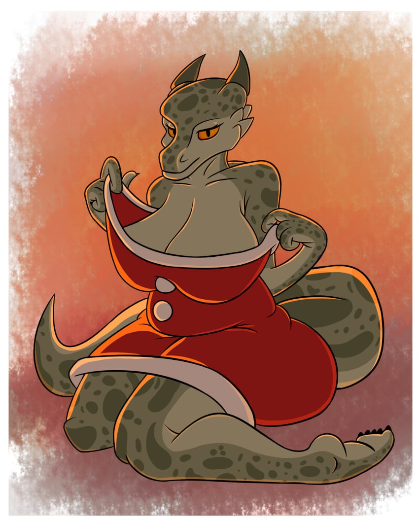 1girls 2022 2d_(artwork) argonian argonian_maid ass barefoot big_ass big_breasts breasts brewingdrew christmas_outfit clothed clothes female female_focus female_only horns legs_together looking_at_viewer no_bra scalie sitting skyrim slightly_chubby solo tail teasing the_elder_scrolls thick_ass thick_thighs