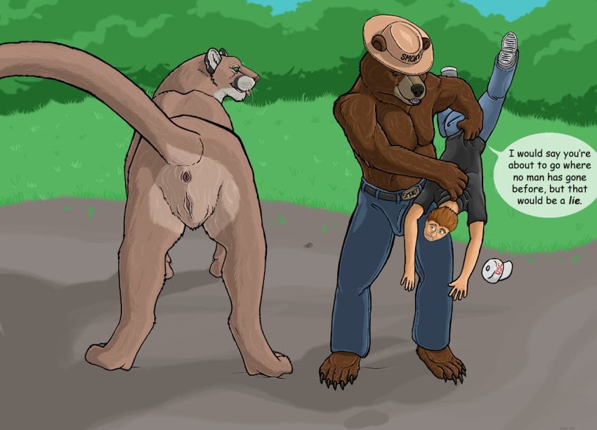 2013 anthro anus ass bear belt biped bottomwear brown_body brown_eyes brown_fur bulge butt_grab carrying claws clothed clothing cougar countershade_fur countershading detailed_background dialogue english_text felid feline female feral finger_claws footwear fully_clothed fur furgonomic_headwear furgonomics furry_tail genitals green_eyes group hand_on_butt hat headgear headwear human imminent_vore male mammal outside pants pussy quadruped restrained retractable_claws shadow shirt shoes smile smokey_bear snout speech_bubble strega tail tan_body tan_fur text text_on_belt text_on_clothing text_on_hat text_on_headwear toe_claws tongue tongue_out topless topwear trio united_states_forest_service whiskers