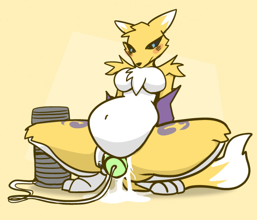 2d anthro artificial_insemination big_belly blue_eyes blush cum cum_leaking_out_of_pussy cum_overflow cumflated_belly cumflation digimon digimon_(species) dildo dildo_in_pussy dima_(artist) female fox fox_ears fox_girl fox_tail furry inflated_belly inflation renamon sex_toy