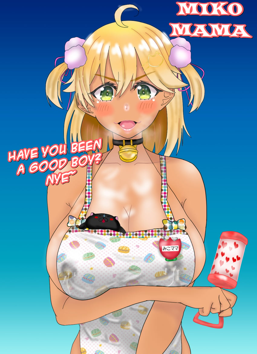 35p_(sakura_miko) aged_up alternate_body_type alternate_breast_size alternate_skin_color alternative_skin_color apron apron_only badge bell bell_collar black_cat blonde_hair blush choker dark-skinned_female dark_persona dark_skin eddarxart english_text feline furrowed_brow good_boy green_eyes gyaru hololive huge_breasts kindergarten_uniform lactating lactating_through_clothing lactation lactation_through_clothes lactation_without_expressing lactation_without_stimulation macaron milf milfification mommy_kink naked_apron name_badge name_tag naughty_face open_mouth overflowing_breasts pink_pom_poms pom_pom_(clothes) pom_pom_hair_ornament pom_poms rattle sakura_miko short_twintails sideboob spilling talking_to_viewer teacher text tofu_on_fire twintails virtual_youtuber vtuber white_apron