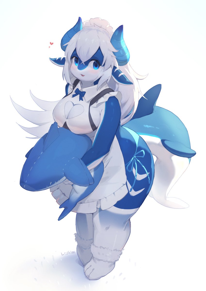 1girls anthro blue_eyes blush dragon dragon_horns female female_only fish horns hybrid lcshian long_hair looking_at_viewer maid maid_uniform marine plushie pointy_ears shark smiling smiling_at_viewer soda_(soda_uyu) solo tail very_high_resolution white_background white_hair