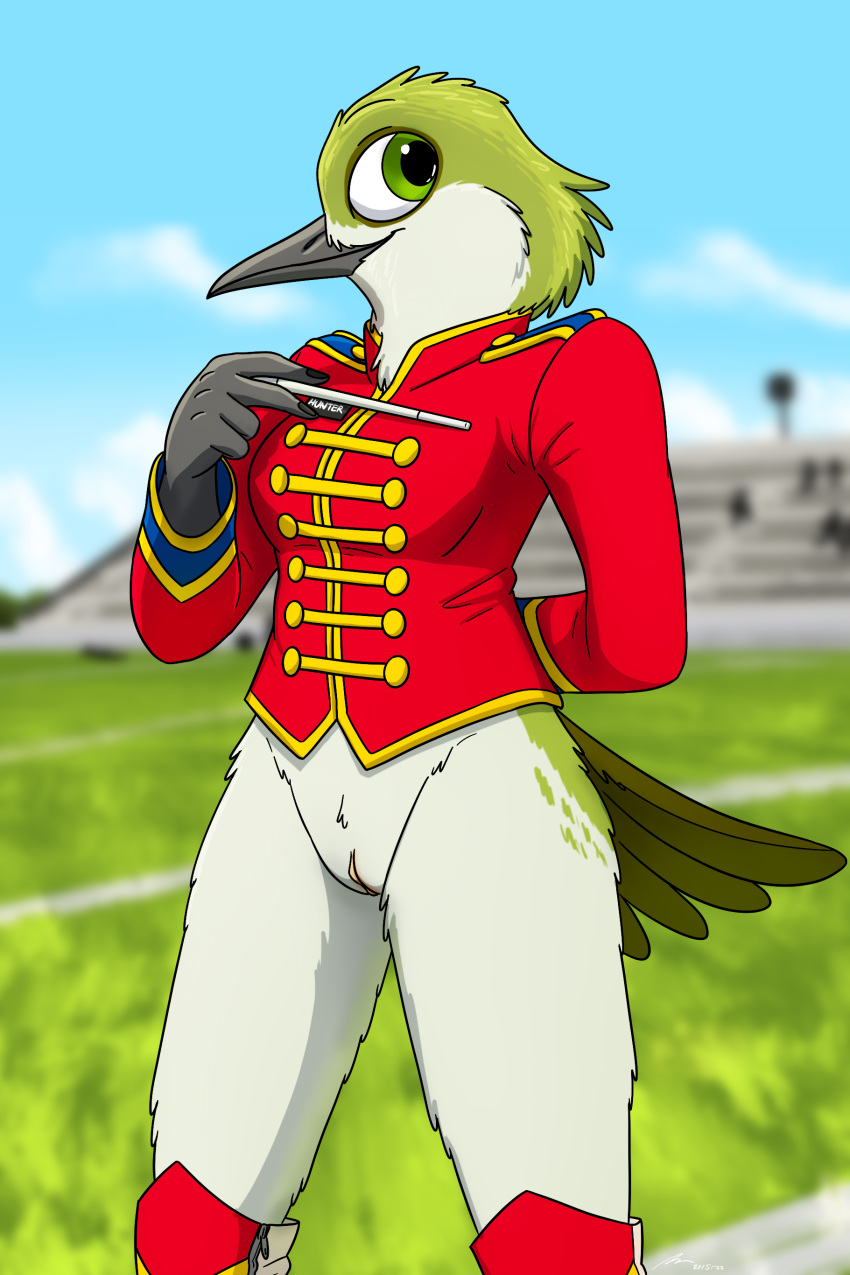 absurd_res anthro avian bird boots bottomless bottomless_female clothed clothed_female clothing conductor cute_expression exhibitionism female fish_birb footwear genitals hi_res hummingbird knee_highs legwear marching_band marching_band_uniform no_panties outside pussy sarah_(fish_birb) solo stick uniform