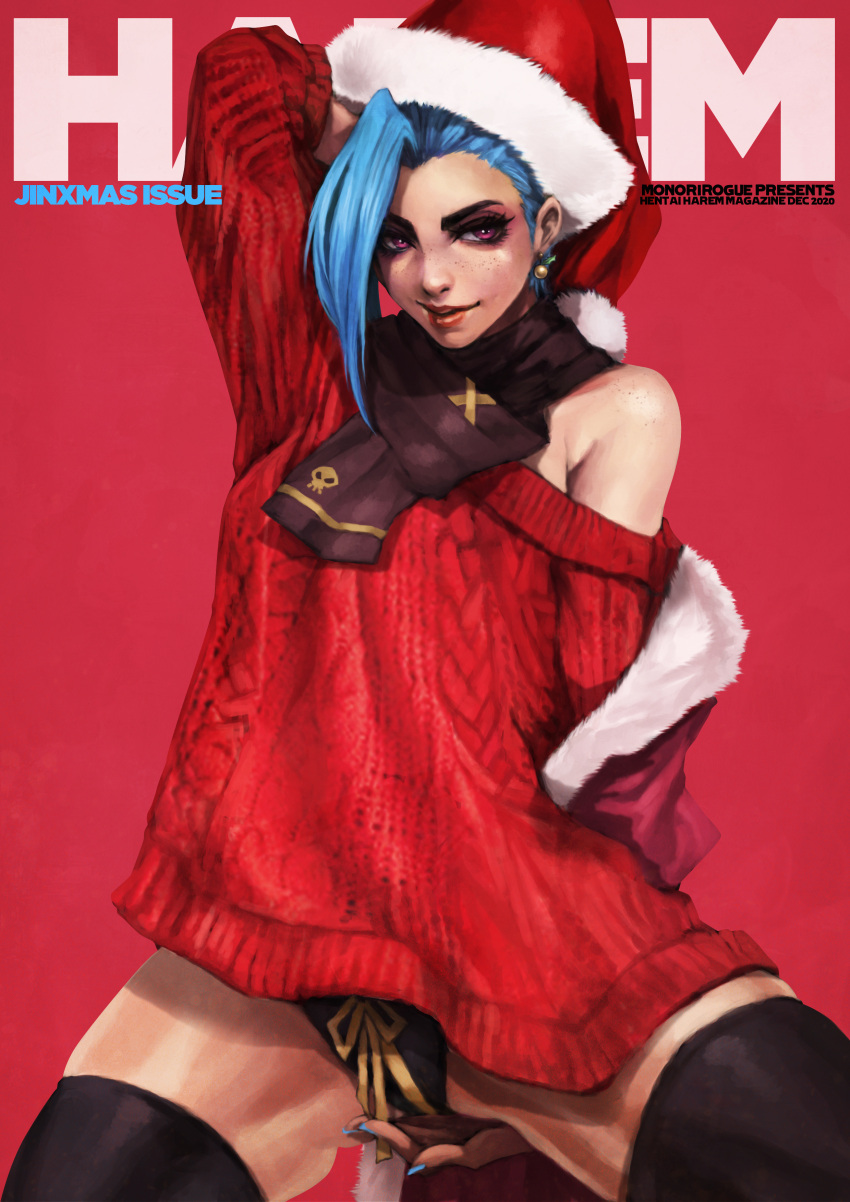 black_scarf black_thighhighs blue_hair blue_nails cable_knit christmas jinx_(league_of_legends) league_of_legends monorirogue pink_eyes red_sweater riot_games santa_hat scarf sweater thighhighs very_long_hair