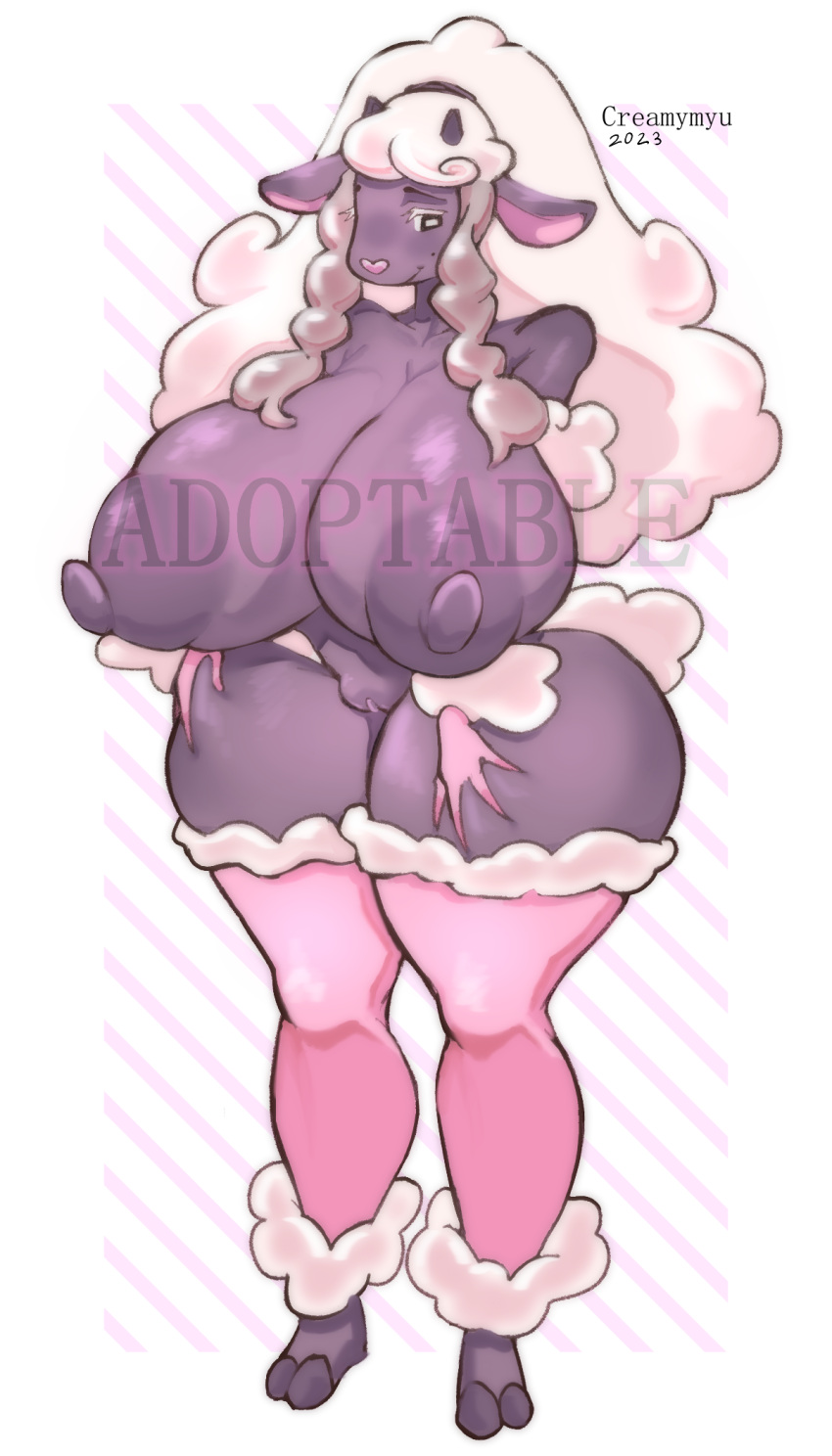 adoptable big_breasts big_nipples breasts caprine female large_breasts naked nipples pokemon pokemon_(species) puffy_nipples puffy_pussy purple_skin sheep solo stockings thick_thighs white_hair wooloo