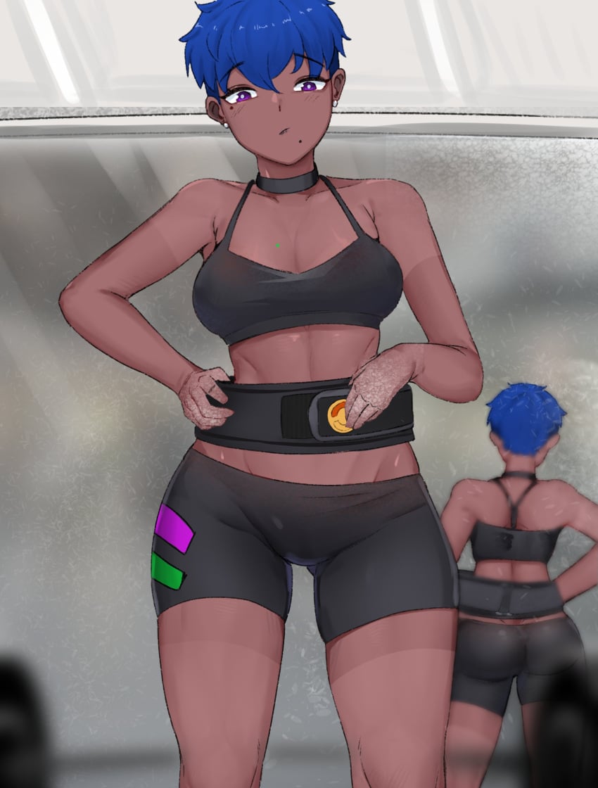 1girls ass_visible_through_thighs black_shorts blue_hair borrowed_character dark-skinned_female dark_skin female female_only gollyflower mirror_reflection mole mole_under_eye mole_under_mouth nintendo original_character pokemon pokemon_sv purple_eyes short_hair solo sportswear very_high_resolution zoraida_(nyantcha)