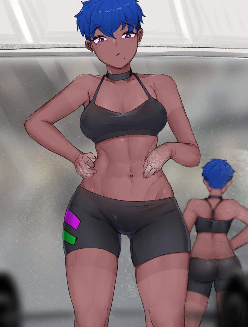 1girls abs ass_visible_through_thighs black_shorts blue_hair borrowed_character dark-skinned_female dark_skin female female_only gollyflower mirror_reflection mole mole_under_eye mole_under_mouth nintendo original_character pokemon pokemon_sv purple_eyes short_hair solo sportswear very_high_resolution zoraida_(nyantcha)