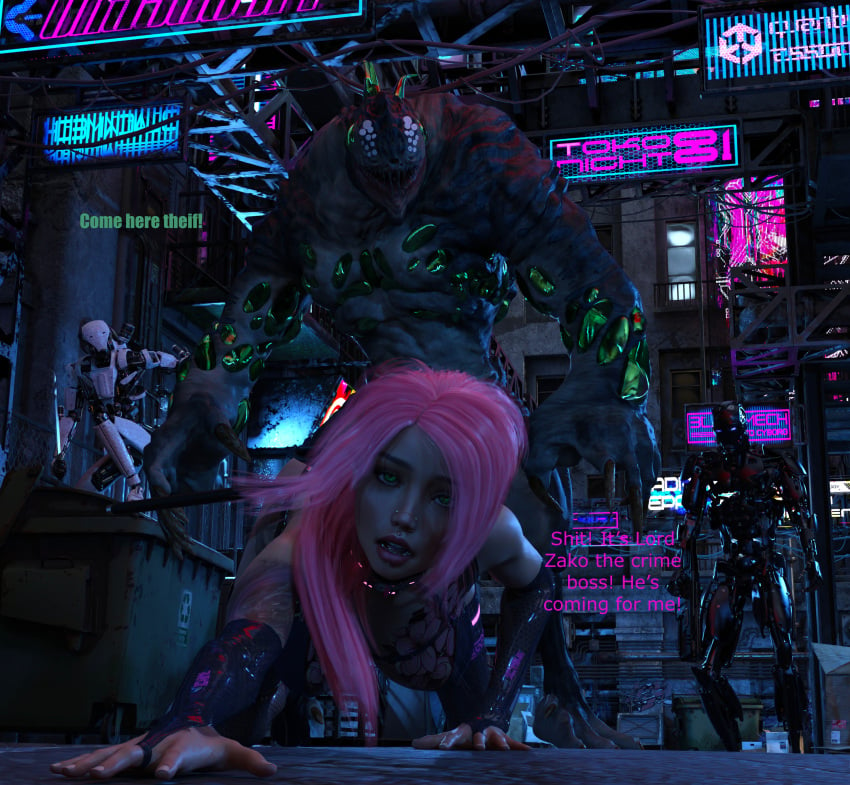 3d bikini cyberpunk cyberpunk_2077 defeated defeated_heroine green_eyes latex ninja piercing piercings pink_hair rylen_eso sword tattoo that3dartist torture