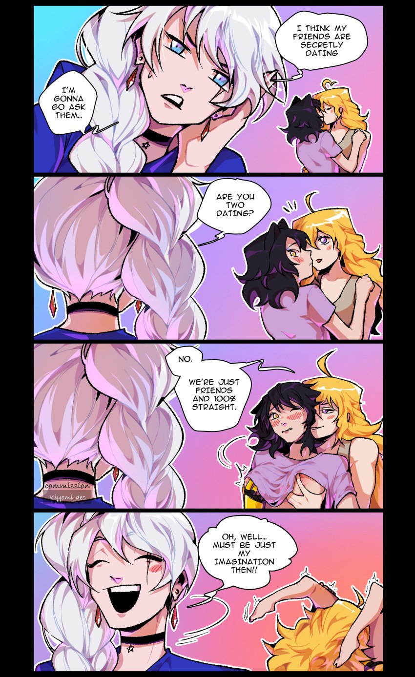 3girls black_hair blake_belladonna blonde_hair blue_eyes blush breast_grab breasts canon_couple caught closed_eyes clothed_sex comic cunnilingus english_text faunus groping_from_behind hand_on_another's_shoulder humor implied_cunnilingus kemonomimi kissing kiyomi_des leg_grab legs_up looking_at_another mechanical_arm multiple_girls naughty_face no_bra oblivious one_eye_closed partially_clothed purple_eyes rwby text trembling undressing weiss_schnee white_hair yang_xiao_long yellow_eyes yuri