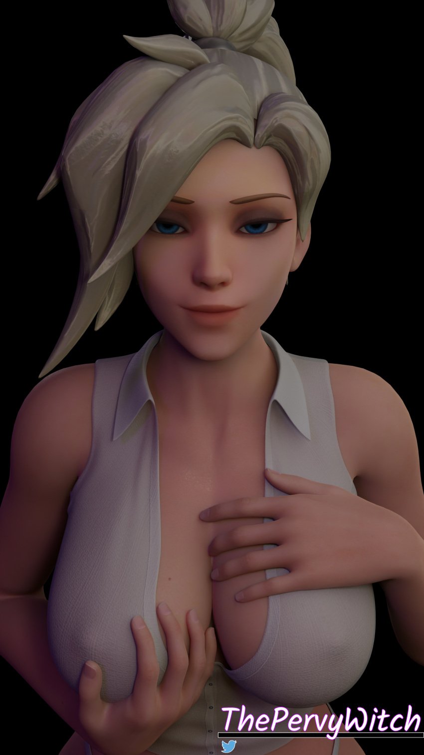 1girls 3d angela_ziegler artist_logo artist_upload blonde blonde_female blonde_hair blue_eyes blue_eyes_female buttoned_shirt cleavage cleavage_cutout clothed clothed_female female holding_breast holding_own_breast looking_at_viewer mercy nipple nipple_bulge no_background overwatch ponytail smug_face tagme thepervywitch touching_breast touching_own_breast white_shirt