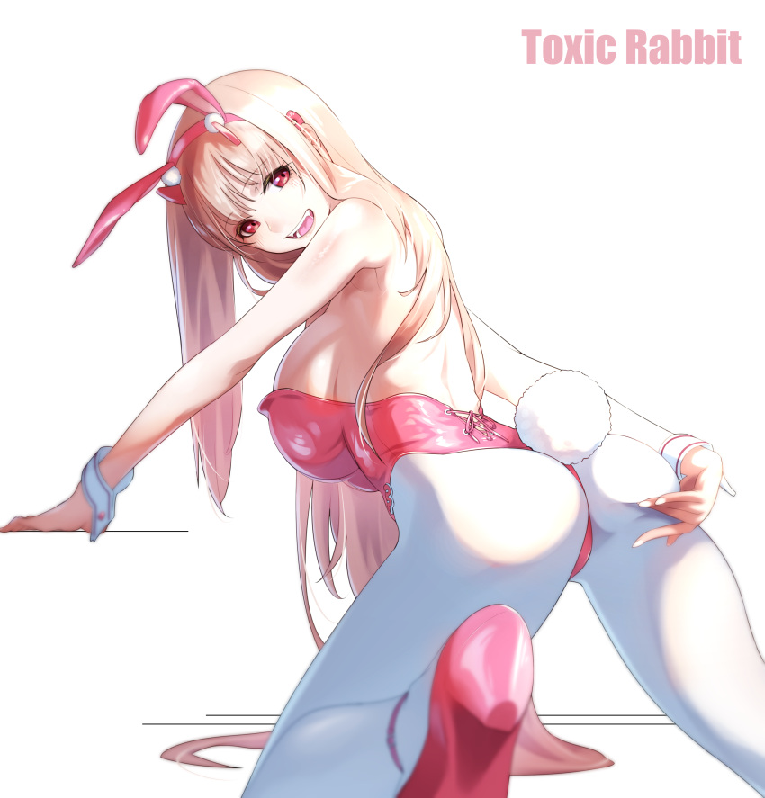 1girls absurd_res alternate_costume ass back back_view blonde_hair blush breasts bunny_ears bunny_girl bunny_tail bunnysuit female female_only fune83ojj goddess_of_victory:_nikke hair_ornament hand_on_butt long_hair looking_at_viewer nails official_alternate_costume on_knees open_mouth pink_eyes pink_heels pink_leotard sideboob smile solo viper_(nikke) viper_(toxic_rabbit)_(nikke) white_background white_leggings white_legwear