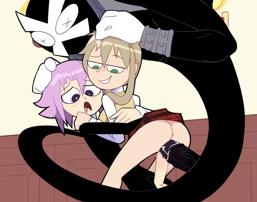 androgynous big_penis crona_(soul_eater) dick double_penetration double_vaginal female feminine_male green_eyes maka_albarn male miscon penis pink_hair ragnarok_(demon_sword) shocked shocked_expression soul_eater threesome vaginal_penetration