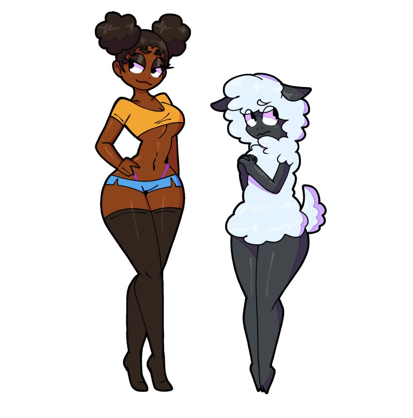 1boy 1girls afro_puffs aged_up amanda_(amanda_the_adventurer) amanda_the_adventurer anthro black_body black_hair cleavage clothed clothing crop_top curly_hair curvaceous curvaceous_body curvaceous_female curvaceous_figure curvaceous_hips curvaceous_thighs curvy curvy_ass curvy_body curvy_female curvy_figure curvy_hips curvy_thighs dark-skinned_female dark_skin digital_media_(artwork) duo female femboy fully_clothed furry girly hooves human ibispaintx magearna64 male mammal medium_breasts ngl_i_would_smash raku_sarvin revealing_clothes self_upload sheep sheep_boy shorts simple_background size_difference standing tail thick_thighs thigh_highs tiptoes underboob venus_body video_games voluptuous voluptuous_female white_background wide_hips wool_(fur) wooly_(amanda_the_adventurer)