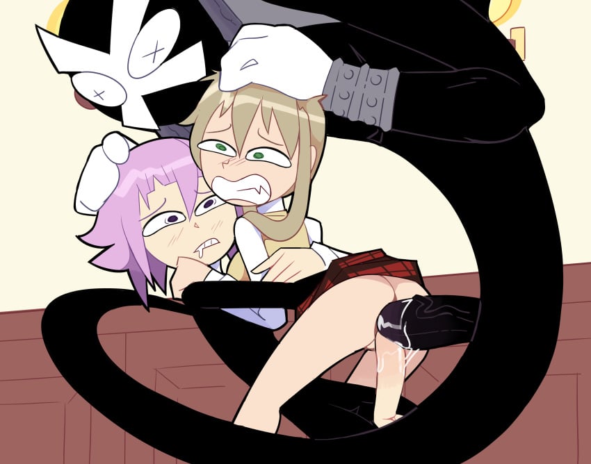 anal androgynous big_penis crona_(soul_eater) dick double_anal double_penetration female feminine_male green_eyes maka_albarn male miscon penis pink_hair ragnarok_(demon_sword) sex shocked shocked_expression soul_eater threesome