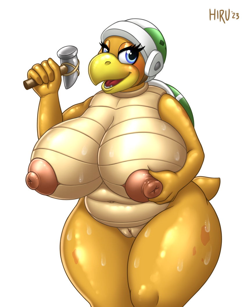 1girls absurd_res anthro areola big_breasts blue_eyes blush bodily_fluids breasts brown_nipples female female_only genitals hammer_bros. headgear hi_res hirurux koopa looking_at_viewer mario_(series) nintendo nipples nude open_mouth pussy reptile scalie shell simple_background smile solo sweat sweaty_breasts sweaty_legs