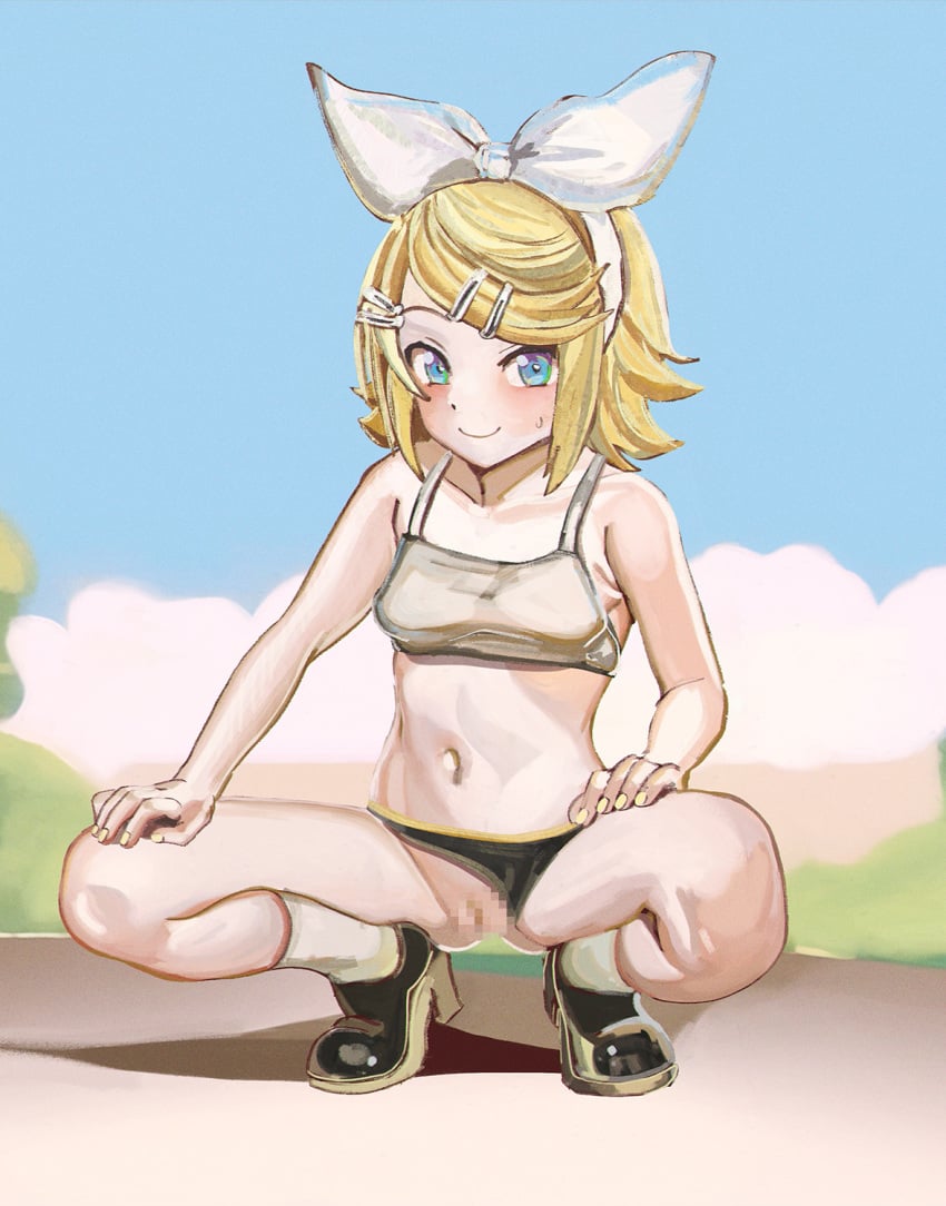 aruman black_bloomers black_footwear blue_eyes blush bow censored clothing_aside collarbone commentary female full_body hair_ornament hairband hairbow hairclip hands_on_own_thighs high_heels highres kagamine_rin looking_at_viewer mosaic_censoring navel paid_reward_available pussy short_hair smile socks solo sports_bra squatting swept_bangs variant_set vocaloid white_bow white_hairband white_socks white_sports_bra yellow_nails