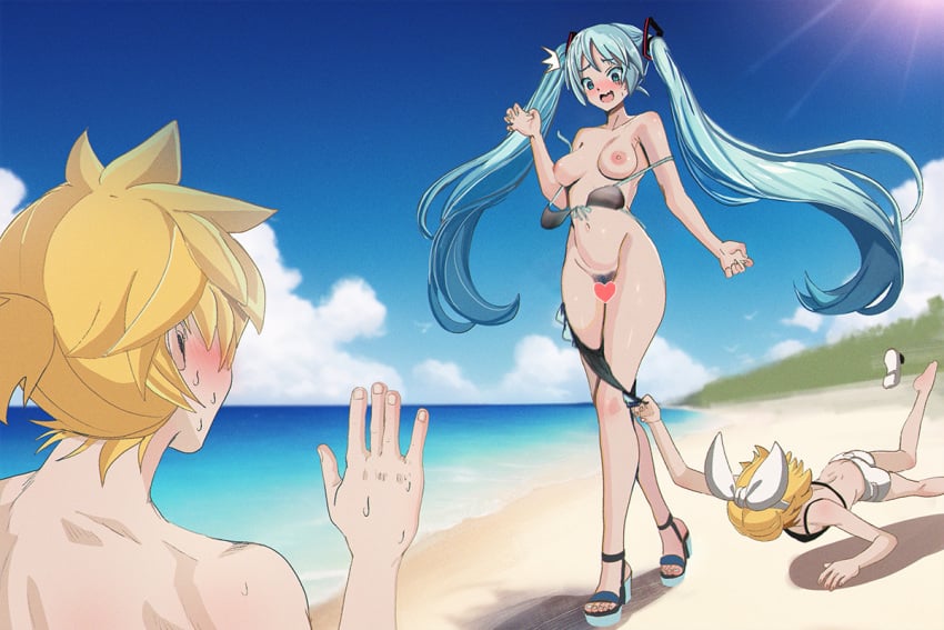 1boy 2girls :d ^^^ aqua_eyes aqua_hair aqua_nails aruman bare_shoulders beach bikini bikini_pull black_bikini blonde_hair blue_sky blush breasts censored clothes_pull cloud collarbone commentary crossed_legs embarrassed embarrassed_nude_female enf falling female_pubic_hair from_behind front-tie_bikini_top front-tie_top hair_ribbon hairband hand_up hatsune_miku heart heart_censor high_heels horizon kagamine_len kagamine_rin large_breasts long_hair looking_at_another looking_down multiple_girls navel nipples ocean paid_reward_available platform_footwear pubic_hair pussy ribbon short_hair shorts sky smile sweat swimsuit topless trip_and_strip tripping twintails variant_set very_long_hair vocaloid wardrobe_malfunction watson_cross waving white_hairband white_shorts