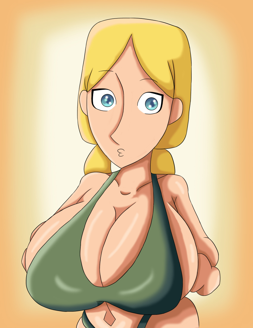 aged_up bikini bikini_bottom bikini_top blonde_hair blue_eyes breast_hold breast_lift breasts green_bikini green_bikini_bottom green_bikini_top green_swimsuit huge_breasts large_breasts nahual13 navel robyn_goodfellowe swimsuit wolfwalkers