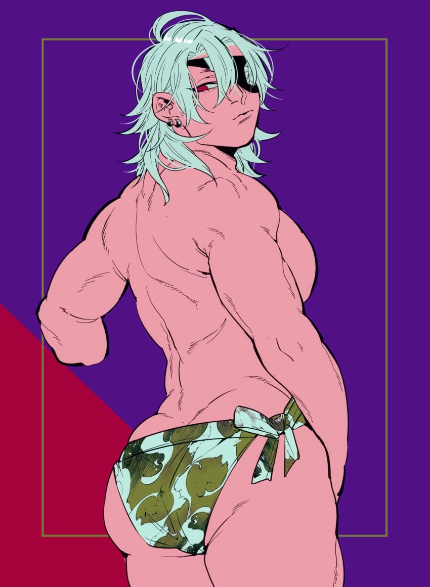 back_muscles big_ass demon_slayer earrings eye_patch fundoshi hair_between_eyes hair_down kimetsu_no_yaiba kyu_717 looking_back male male_only muscular muscular_male purple_background red_eyes solo uzui_tengen white_hair