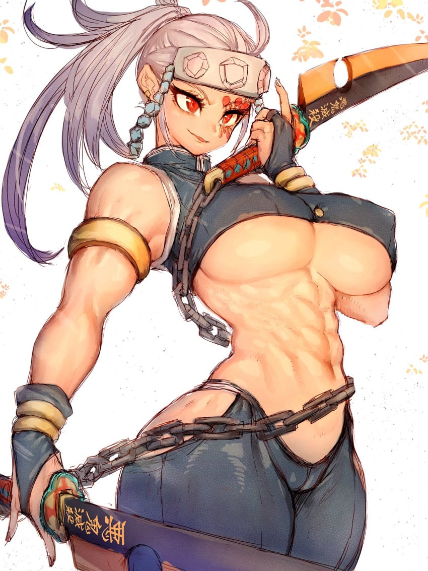 1girls abs big_breasts breasts demon_slayer female fumio_(rsqkr) genderswap_(mtf) headband huge_breasts kimetsu_no_yaiba light-skinned_female light_skin long_hair red_eyes rule_63 simple_background sword underboob uzui_tengen weapon white_background white_hair