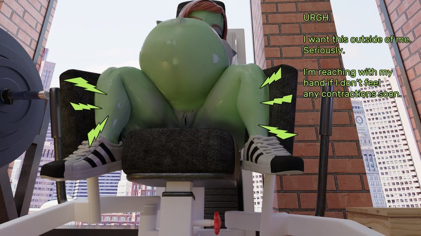 3d bloated_belly exercise female gobbo@gym goblin goblin_female gym gym_clothes labor leg_press ovinaxu pregnant