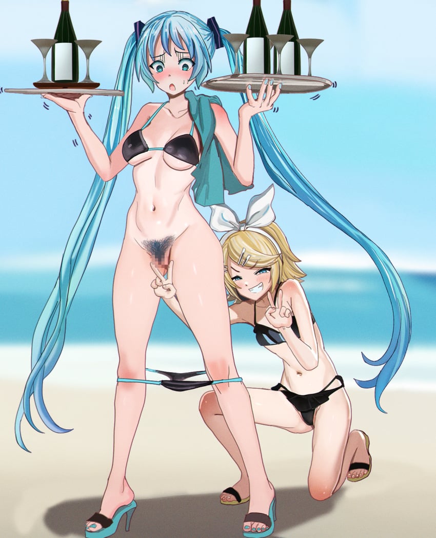 2girls :o aqua_hair aqua_nails aruman assisted_exposure beach bikini bikini_pull black_bikini blonde_hair blue_eyes blue_sky blurry blurry_background bottle bow breasts censored clothes_pull cloud cocktail_glass colored_shoe_soles commentary cup double_v drinking_glass embarrassed embarrassed_nude_female enf female_pubic_hair full_body furrowed_brow grin hair_ornament hairband hairbow hairclip half-closed_eyes hands_up hatsune_miku high_heels highres holding holding_tray horizon kagamine_rin large_breasts long_hair looking_at_viewer looking_down mosaic_censoring multiple_girls navel ocean on_one_knee outdoors paid_reward_available pubic_hair pulled_by_another pussy sandals sky small_breasts smile standing swept_bangs swimsuit towel_on_one_shoulder tray trembling twintails v variant_set very_long_hair vocaloid white_bow white_hairband wine_bottle