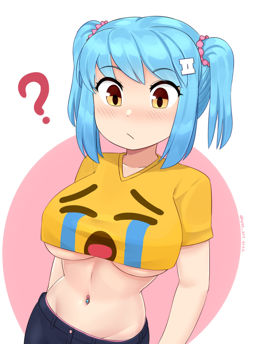 ? absurdres blue_hair blush breasts closed_mouth crop_top cropped_shirt crying_emoji emoji female hair_ornament hairclip highres ii_(peps_art) large_breasts light_blue_hair looking_at_breasts lowleg lowleg_pants midriff navel navel_piercing orange_eyes original panties pants panty_peek peps_art piercing pink_panties print_shirt shirt short_sleeves short_twintails sidelocks simple_background solo swept_bangs taut_clothes taut_shirt twintails twitter_username underboob underwear upper_body v-neck