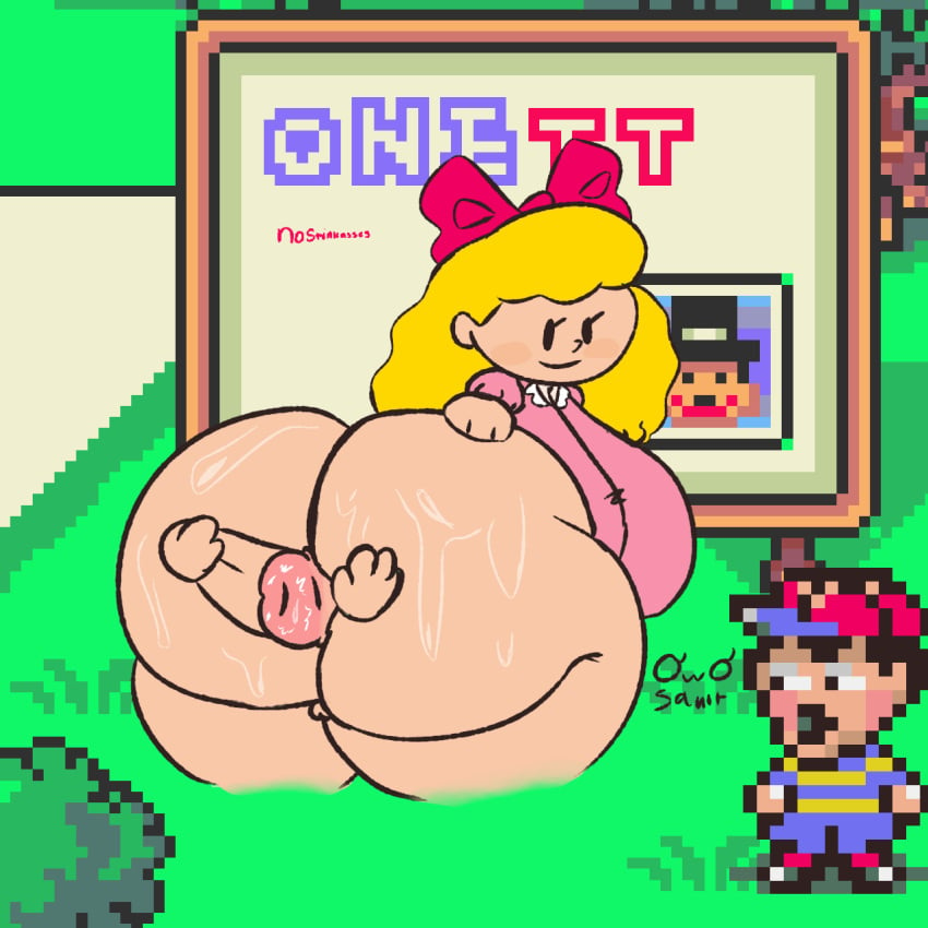 1boy 1girls anus asshole clothed donut_anus donut_butthole earthbound female male monstorlilly mother_(series) mother_2 ness no_panties omegawhip paula paula_jones paula_polestar pink_dress pog puffy_anus pussy red_bow solo sweat sweating sweaty_ass sweaty_butt