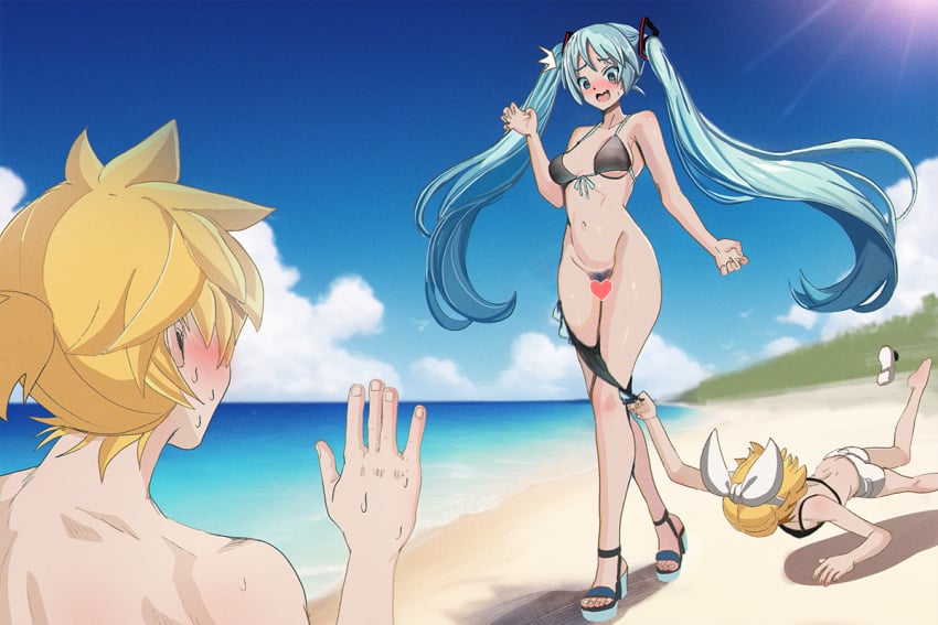 1boy 2girls :d ^^^ aqua_eyes aqua_hair aqua_nails aruman beach bikini bikini_pull black_bikini blonde_hair blue_sky blush breasts censored clothes_pull cloud commentary crossed_legs embarrassed embarrassed_nude_female enf falling female_pubic_hair from_behind front-tie_bikini_top front-tie_top hair_ribbon hairband hand_up hatsune_miku heart heart_censor high_heels horizon kagamine_len kagamine_rin large_breasts long_hair looking_at_another looking_down multiple_girls navel ocean paid_reward_available platform_footwear pubic_hair pussy ribbon short_hair shorts sky smile sweat swimsuit trip_and_strip tripping twintails variant_set very_long_hair vocaloid watson_cross waving white_hairband white_shorts