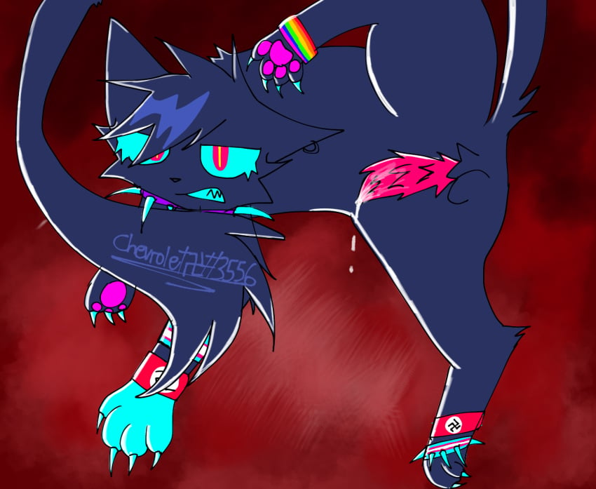 animal_penis black_fur bright_colors discord_tag fluid long_tail male nazi neon_colors open_legs red_background scourge scourge_(warriors) transgender_pride_colors warriors_(cats) watermark