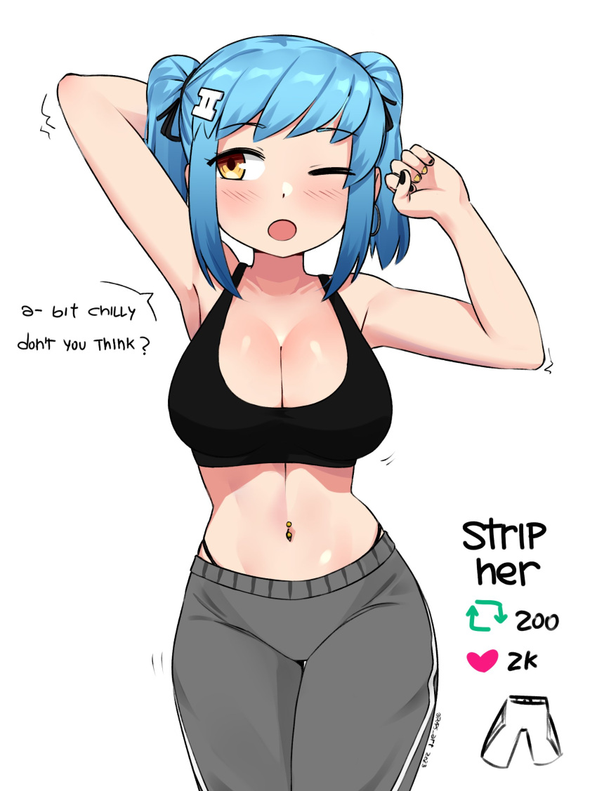 absurdres arm_behind_head arms_up bare_shoulders black_sports_bra blue_hair blush breasts cleavage collarbone contrapposto cowboy_shot english_text female grey_pants hair_ornament hairclip highres ii_(peps_art) large_breasts light_blue_hair looking_to_the_side meme midriff multicolored_nails nail_polish navel navel_piercing one_eye_closed open_mouth orange_eyes original pants panty_straps peps_art piercing short_twintails sidelocks solo sports_bra stretching sweatpants swept_bangs thigh_gap twintails twitter_strip_game_(meme) twitter_username underwear yawning