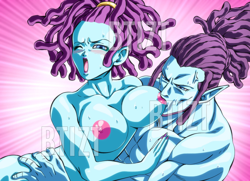 1boy 1girls angry blue_eyes blue_skin blush blushing breast_sucking breasts brother_and_sister btizt demon_ears dragon_ball dragon_ball_super elec_(dragon_ball) incest large_breasts lipstick macki male/female muscular_male open_mouth pleasure_face purple_hair straight tongue upper_body watermark