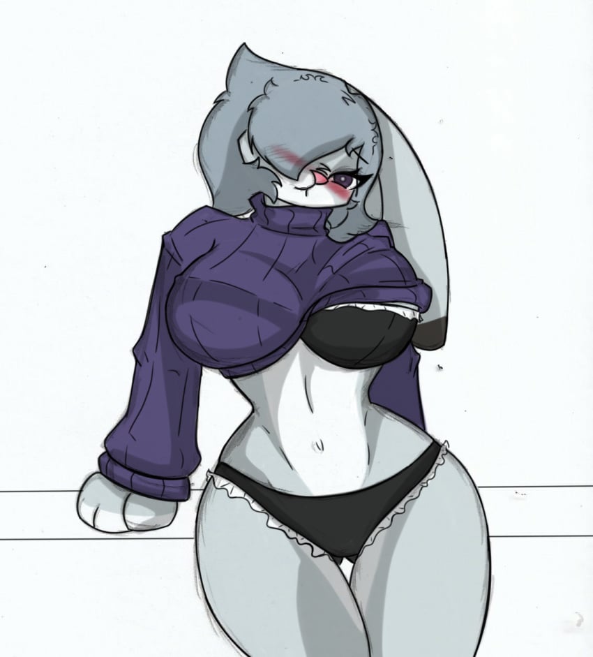 anthro big_breasts blush bra breasts clothing curvy_figure disney female hi_res lingerie pace-maker panties small_waist solo sweater thick_thighs topwear underwear violet_hopps wide_hips zootopia