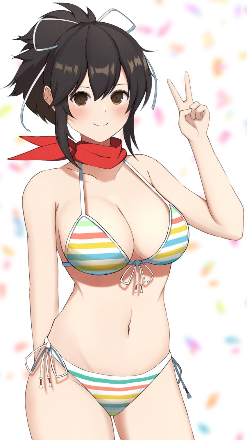 1girls arm_behind_back asuka_(senran_kagura) big_breasts bikini breasts brown_eyes brown_hair busty cleavage female female_only large_breasts legs looking_at_viewer navel ponytail senran_kagura smile solo surippa1010 swimsuit thighs v voluptuous