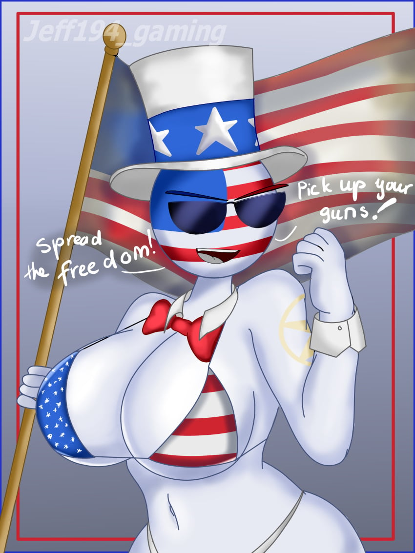 1girls 4th_of_july american_flag american_flag_bikini american_flag_hat big_breasts bikini countryhumans countryhumans_girl english_text eyelashes female female_only flag flag_bikini hat jeff194 national_personification source_request sunglasses text underwear united_states_of_america_(countryhumans) white_body white_skin