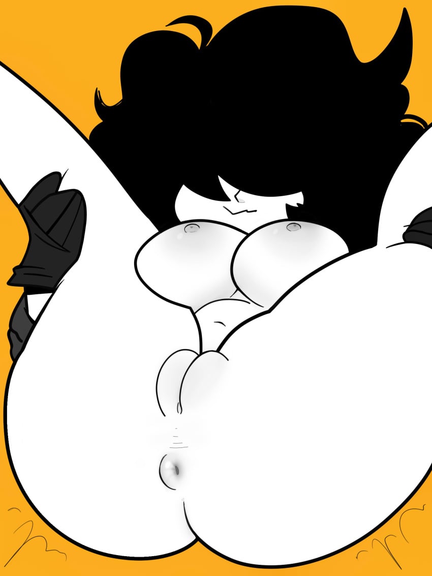 belly belly_button belly_overhang black_and_white black_hair breasts breasts_out chelsea_(shellzzz) chubby chubby_female digital_media_(artwork) gloves goth large_breasts legs legs_apart nipples nude shellzzz shortstack smiling thick thick_ass thick_thighs thighs