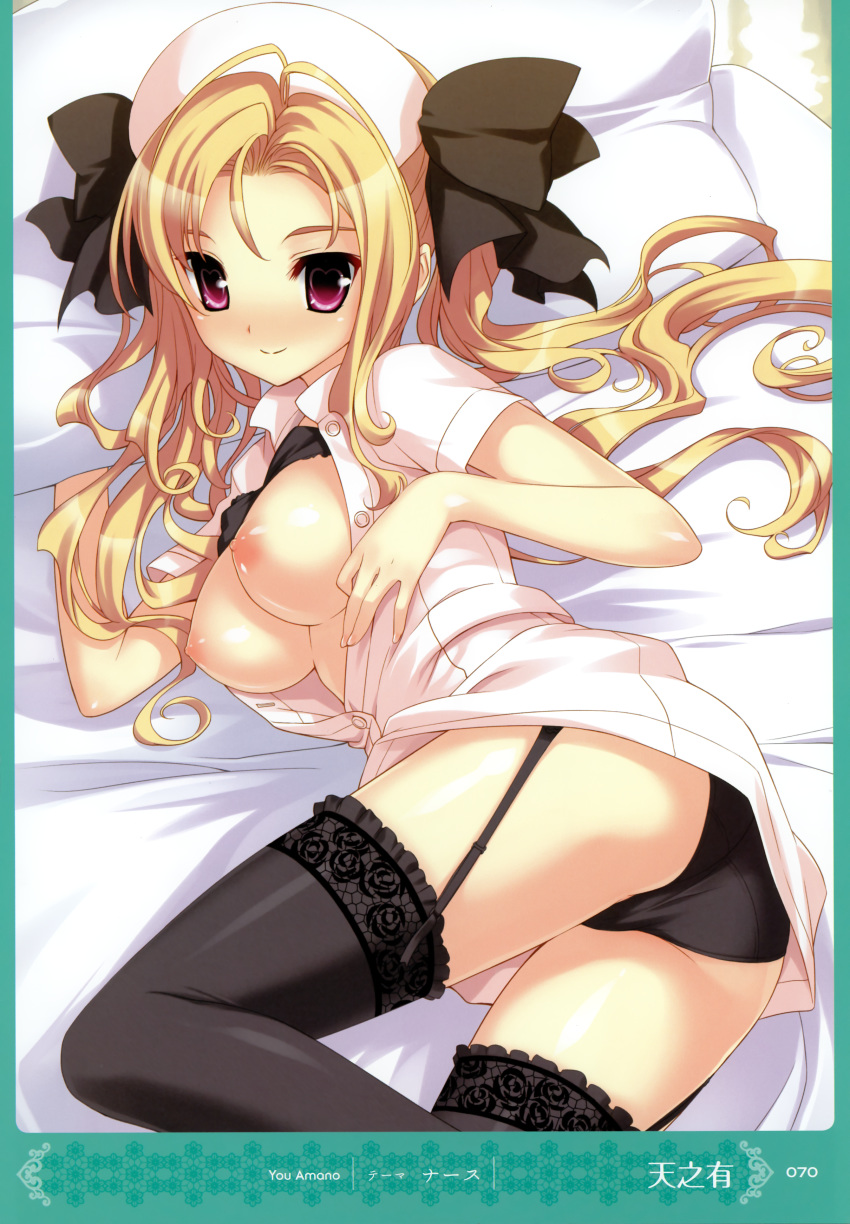 amano_yuu black_lingerie black_panties black_thighhighs blonde_hair bra_lift character_request garter_belt lace-trimmed_thighhighs nipples nurse open_clothes open_shirt oppai shirt stockings thighhighs tied_hair twintails