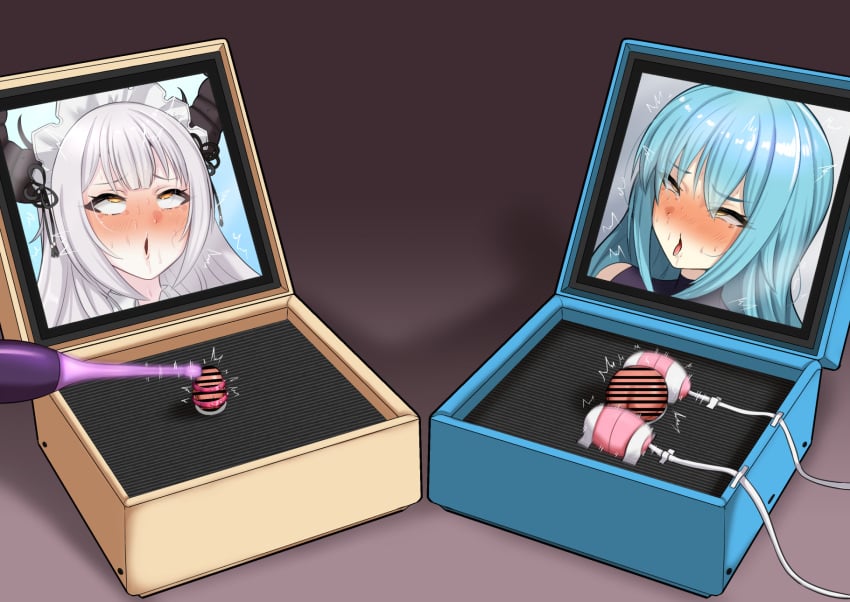 2girls ahegao bar_censor blue_hair blush box butatamadayo censored clitoral_stimulation clitoris commentary_request egg_vibrator highres large_clitoris long_hair monitor multiple_girls original portal_(object) remote_control_vibrator rolling_eyes sex_toy vibrator vibrator_on_clitoris white_hair yellow_eyes