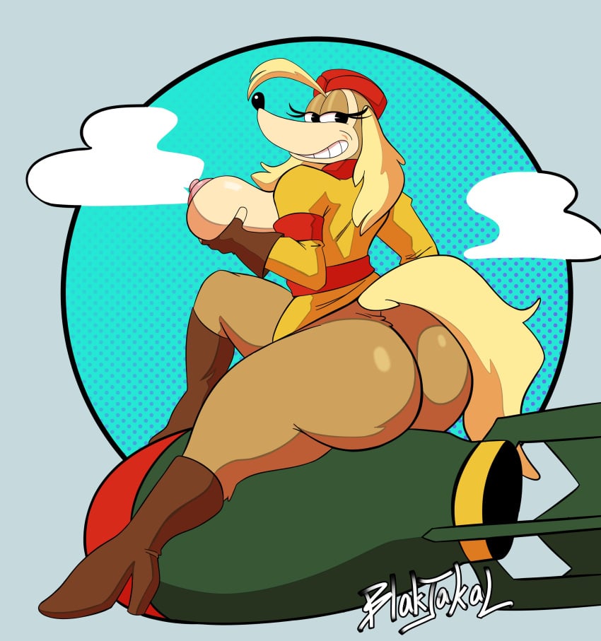 absurd_res anthro ass big_breasts big_butt blakjakal blonde_hair bomb boots bottomless breasts brown_body brown_fur canid canine canis clothed clothing cuphead_(game) domestic_dog explosives eyelashes female fingerless_gloves footwear fur gloves grin hair hand_on_breast handwear hat headgear headwear hi_res high_heeled_boots high_heels holding_breast huge_butt hunting_dog jacket looking_at_viewer looking_back looking_back_at_viewer mammal military_uniform narrowed_eyes nipples partially_clothed pilot_saluki_(cuphead) pink_nipples saluki seductive sighthound sitting smile solo teeth toony topwear uniform