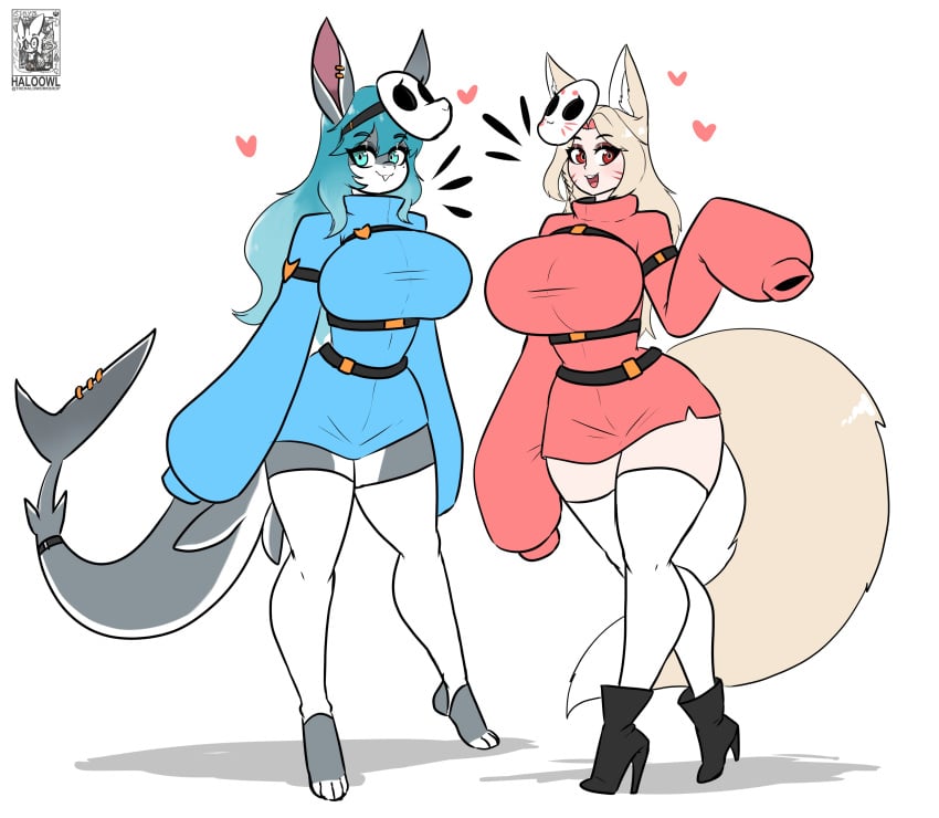 2023 2d 2d_(artwork) 2girls :d anthro anthrofied belt belt_buckle big_breasts big_thighs black_high_heels blonde_hair blue_hair breasts clothed clothed_female female female_focus female_only fox fox_ears fox_girl fox_tail full_body furry furry_female furry_tail green_eyes haloowl heart hearts_around_head hi_res high_heels highres huge_breasts inari_(fayettein) inari_(fayettein) large_breasts large_thighs light-skinned_female light_skin long_hair long_sleeves marine mario_(series) mask multiple_belts multiple_girls nintendo original original_character original_characters red_eyes scalie shark shark_girl shark_humanoid shark_tail shy_gal simple_background smile smiling standing tail tail_ornament thick_thighs thighhighs thighs unmasked white_background white_thighhighs