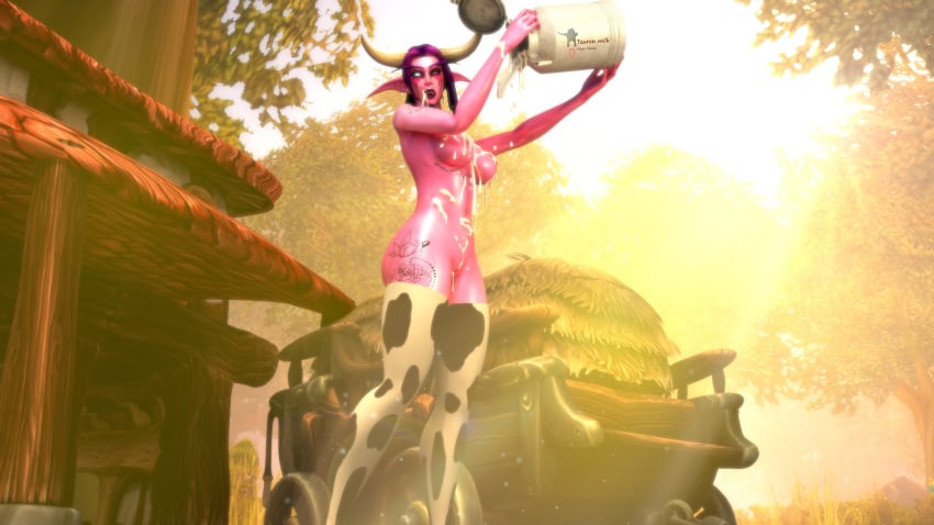 1girls 3d aeleana bellakvo big_breasts blizzard_entertainment cow_print cum cum_on_body cum_on_breasts cum_on_face night_elf original_character pink_skin purple_hair solo tattoo warcraft world_of_warcraft