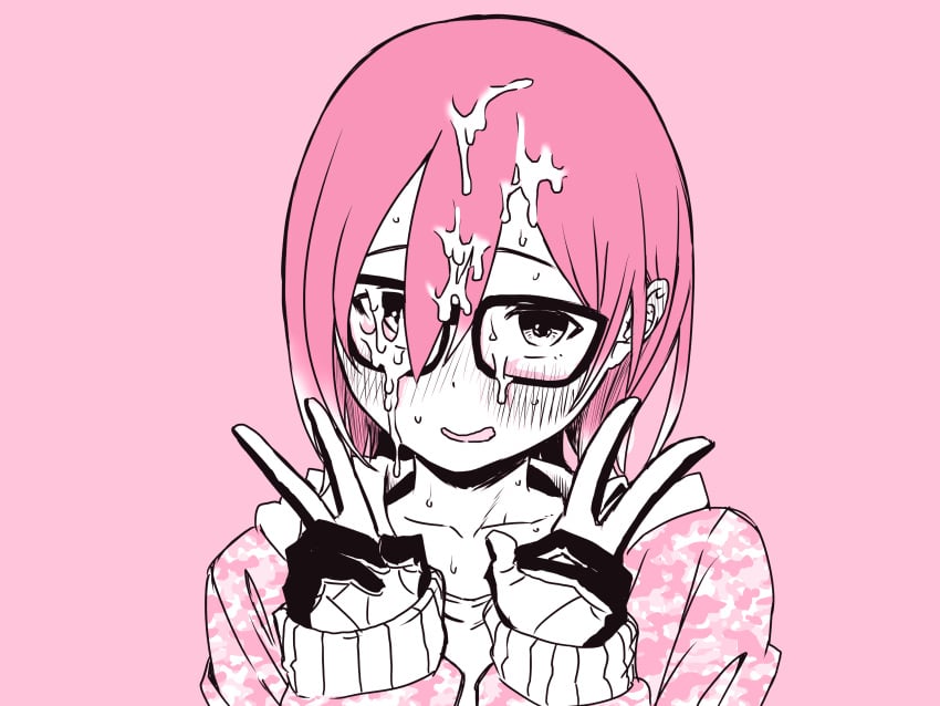 absurdres blush cum cum_on_eyewear cum_on_hair cumdrip double_v facial female glasses highres hololive hololive_gen_0 hololive_japan hood hoodie peace_sign roboco-san senaka_(kamemusikiller0723) smile v v_sign virtual_youtuber