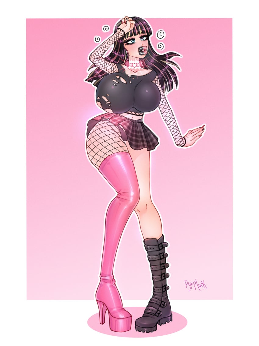 bimbo bimbofication breast_expansion fishnets goth high_heel_boots high_heels huge_breasts mid_transformation platform_heels purpluck thick_thighs wide_hips