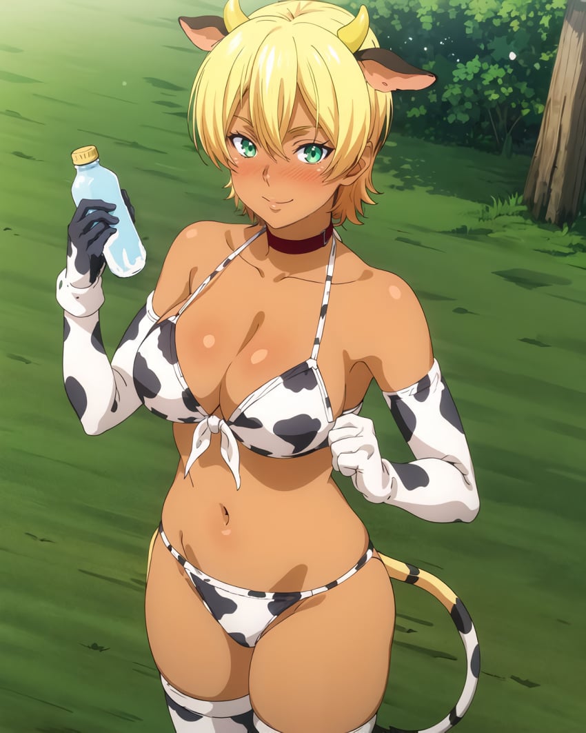 1girls ai_generated big_breasts bikini blonde_hair bottle busty cleavage cow_ears cow_print cow_print_bikini cow_tail dark-skinned_female green_eyes large_breasts legs looking_at_viewer mito_ikumi navel shokugeki_no_souma short_hair smile thighs voluptuous