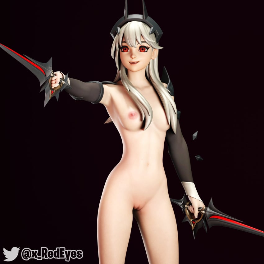 1female 3d 3d_model artist_name belly belly_button boobs breasts color detached_sleeves dual_wielding facing_forward facing_viewer female female_focus female_only fortnite front_view hair_on_breasts hair_ornament holding_object image_set legs_apart lexa_(fortnite) long_hair model nipples nude nude_female pink_nipples princess_lexa_(fortnite) pussy red_eyes shaved_pussy smile sword teeth_showing thighs twitter twitter_username vagina weapon white_hair x_redeyes